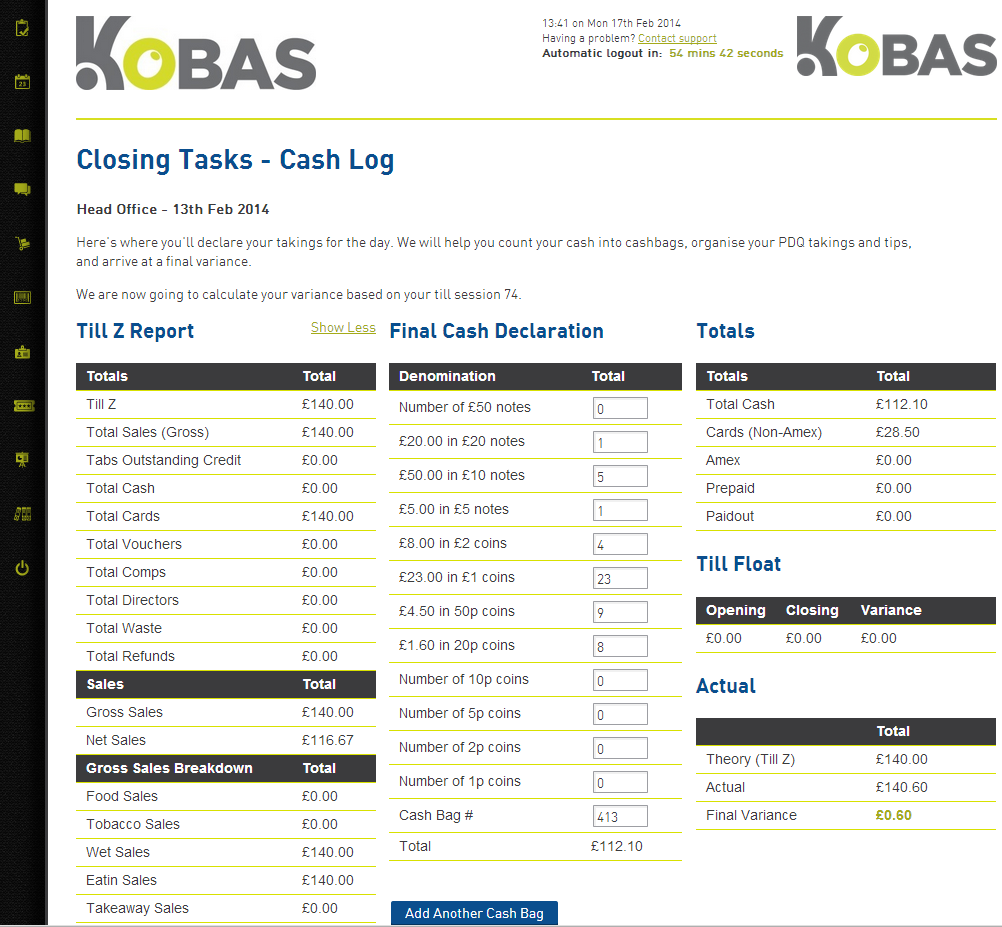 Cash Log with Till Z